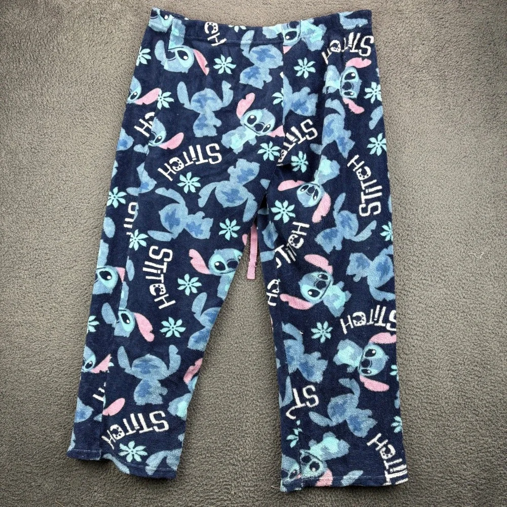 Disney Lilo and Stitch Womens XL Blue Fleece Pajama Pants Floral Hibiscus Lounge - Picture 7 of 8